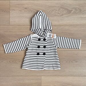 NWT First Impressions Black + White Striped Knit Hoodie Sweater Button-up Jacket